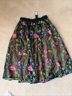 Embroidered Floral Mesh Skirt - Black with Pink & Blue Flowers